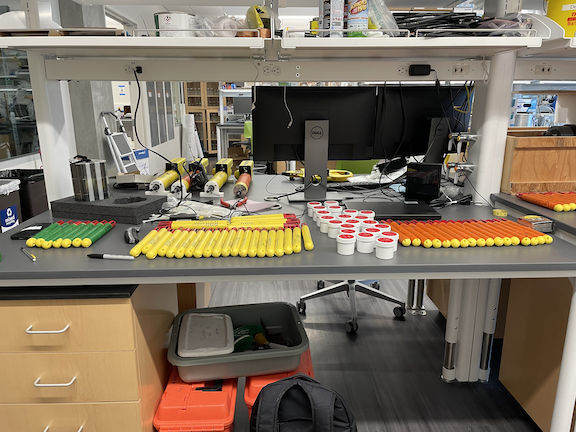 Instruments organized on a lab bench
